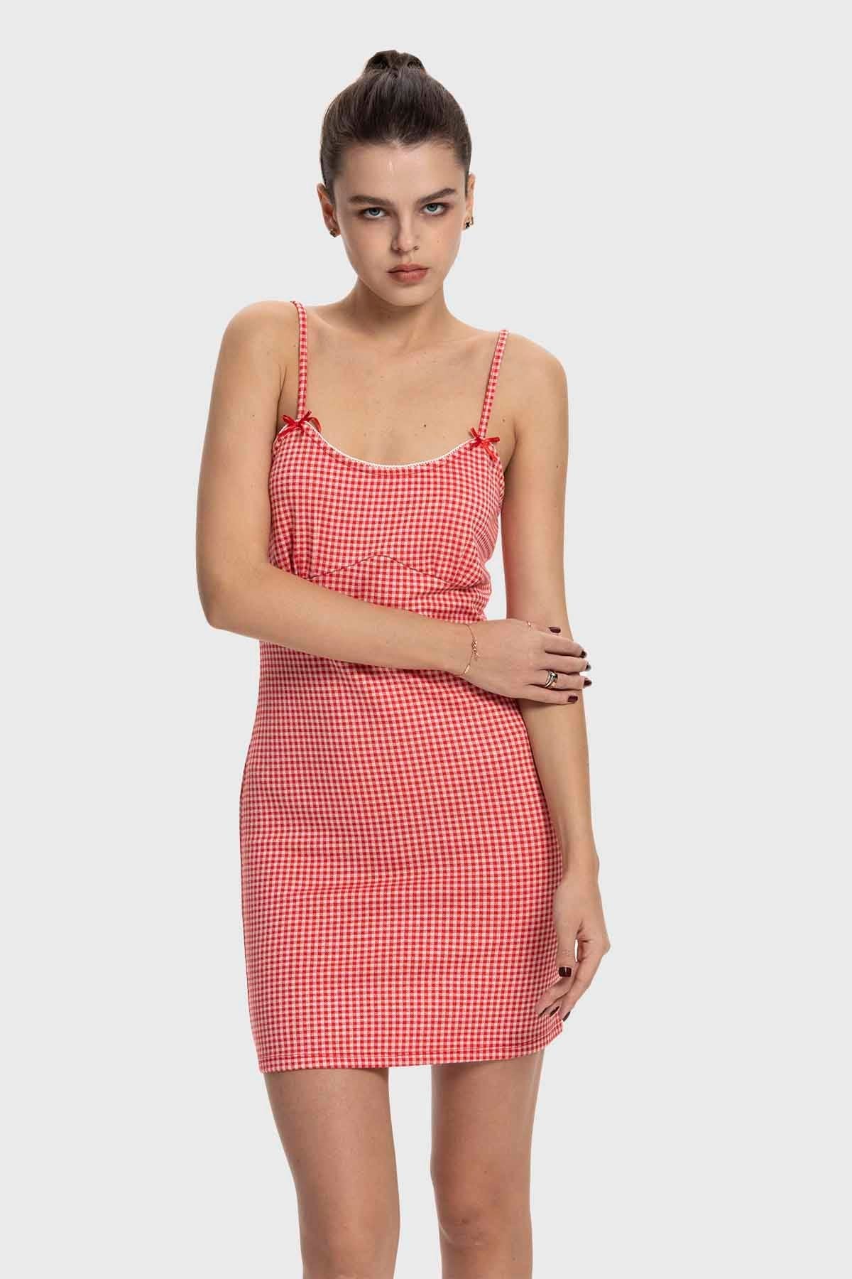 Vestido Mujer Corto Vichy Rojo