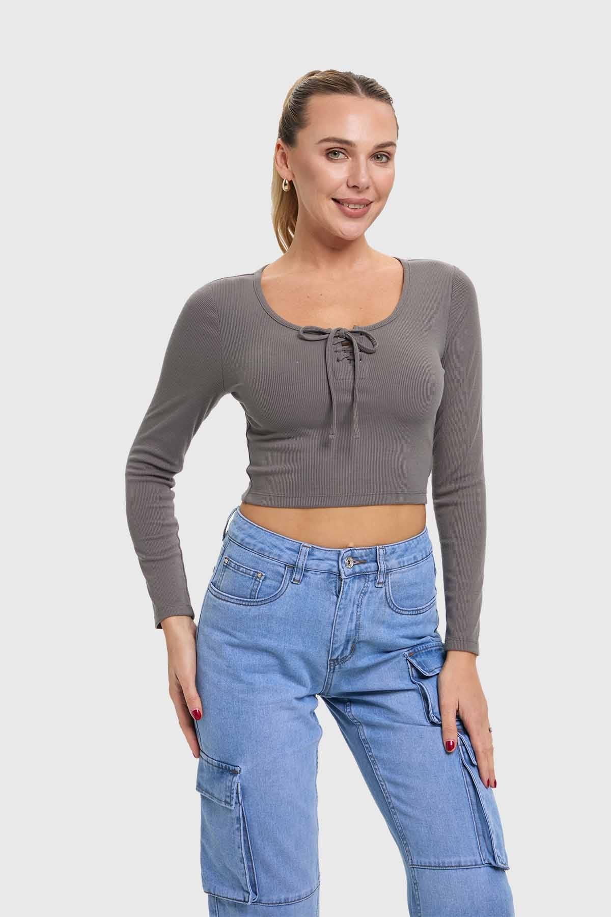 Polera Mujer Amarras Escote Gris
