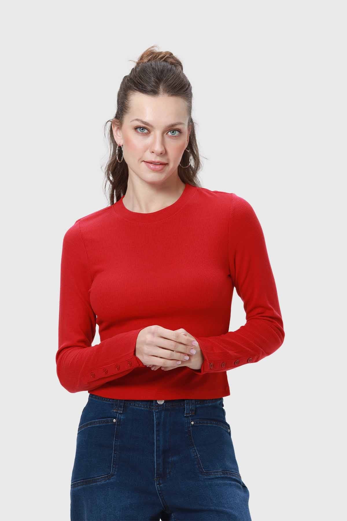 Polera Mujer Botones Rojo