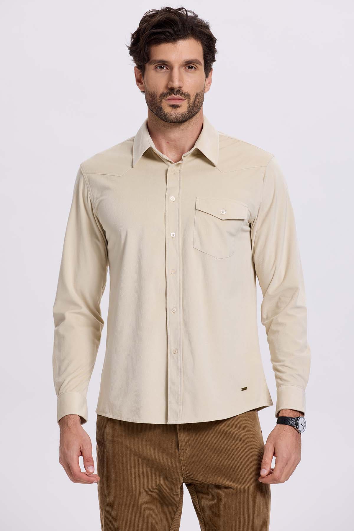 Camisa Hombre Cotelé Con Bolsillo Beige
