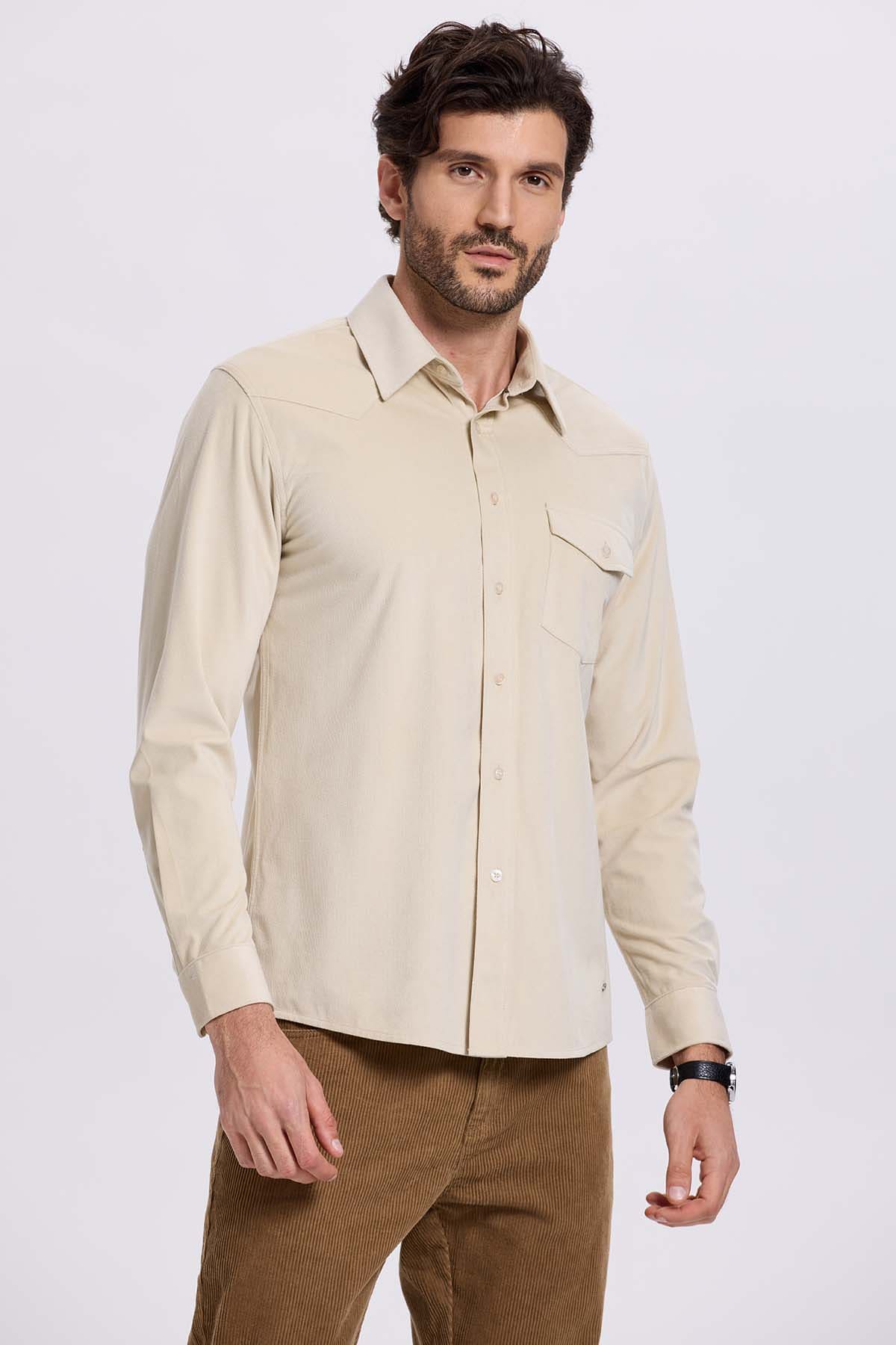 Camisa Hombre Cotelé Con Bolsillo Beige