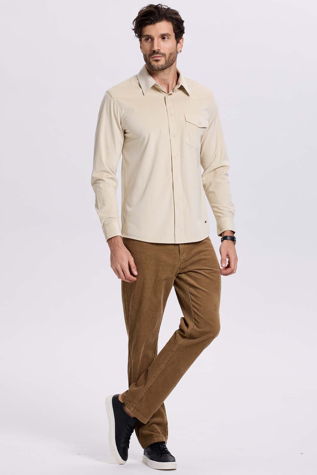 Camisa Hombre Cotelé Con Bolsillo Beige