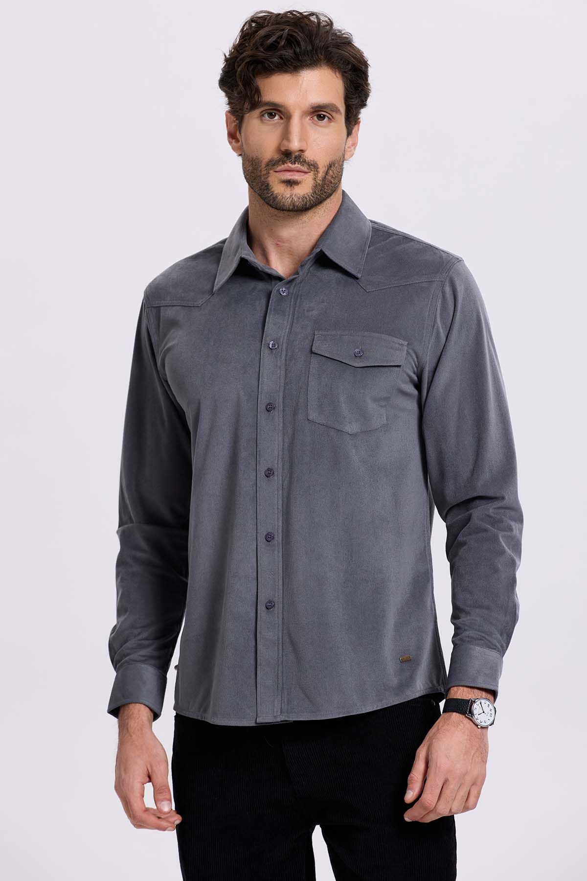 Camisa Hombre Cotelé Con Bolsillo Gris