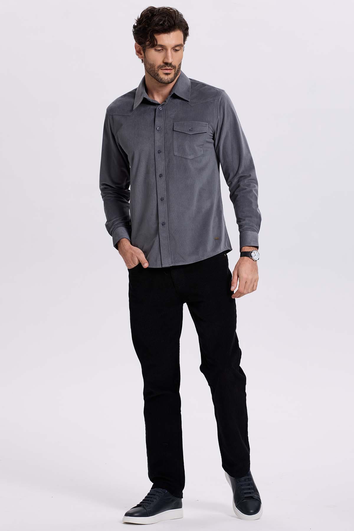 Camisa Hombre Cotelé Con Bolsillo Gris