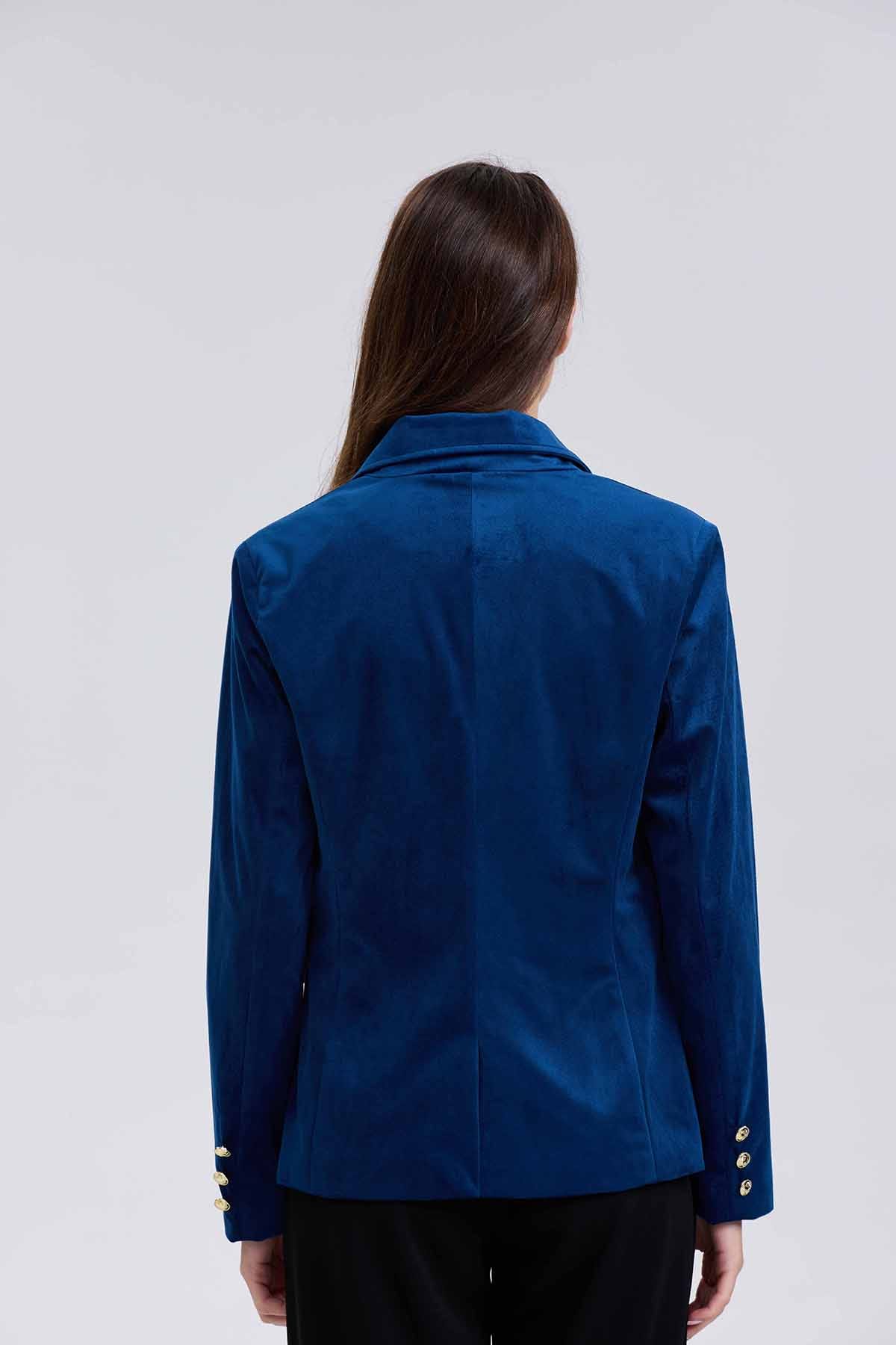 Blazer Mujer Terciopelo Con Solapa Azul