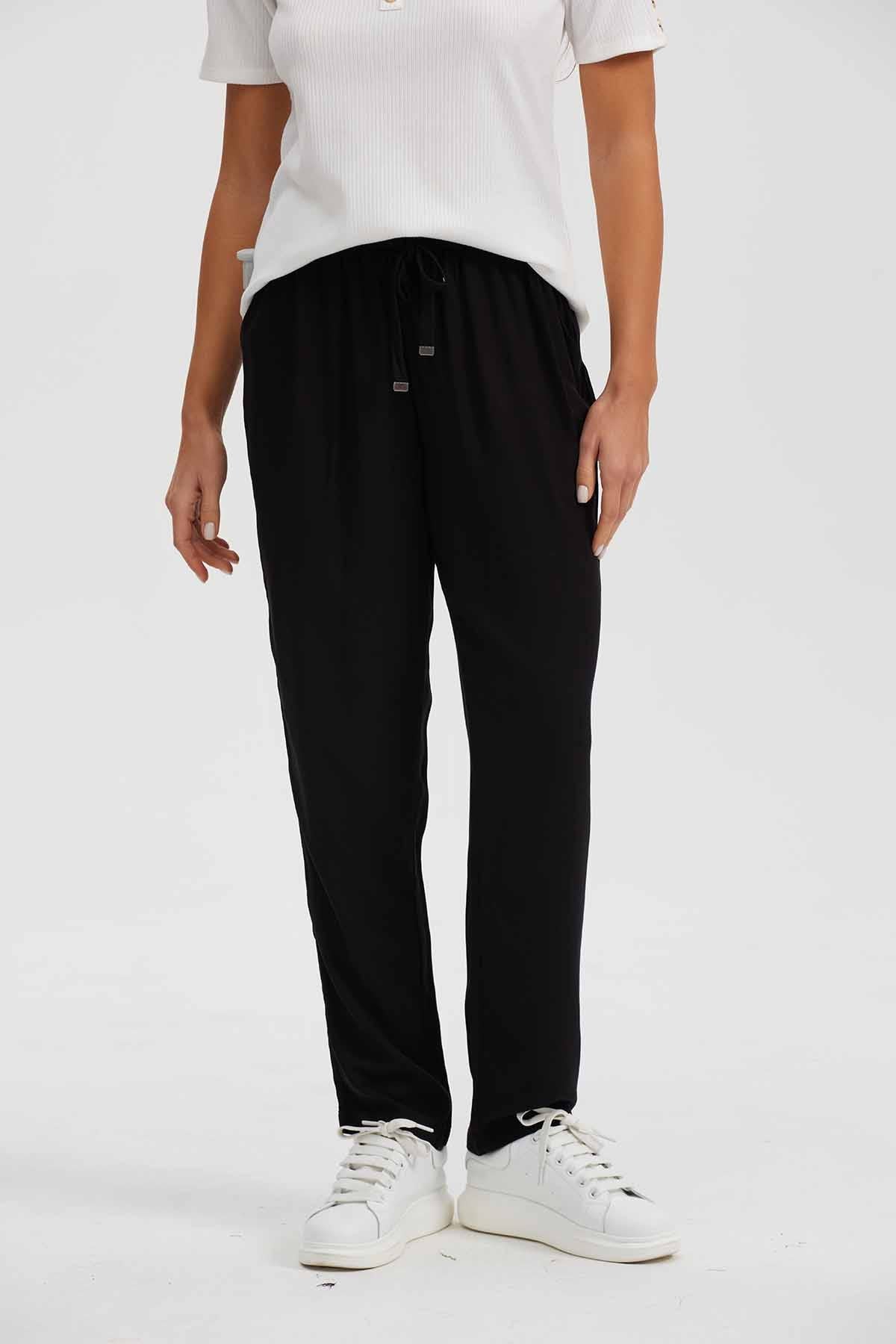 PANTALÓN MUJER RECTO LISO CORDONES NEGRO