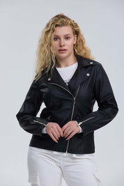 Chaqueta Mujer Biker Efecto Cuero Negro