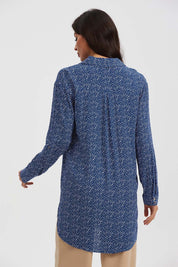 Blusa Mujer Larga Con Botón Parche Azul
