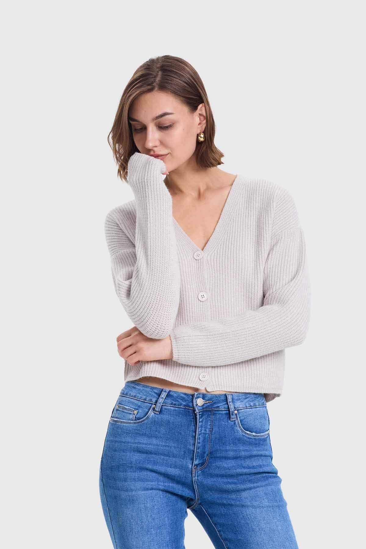 Sweater Mujer Abotonado Gris Perla