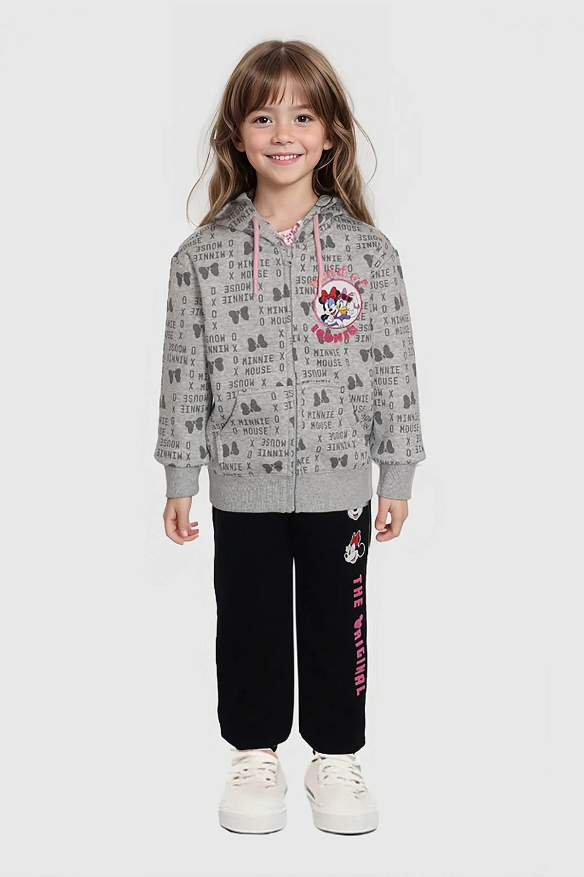 Poleron gris melange para niña con diseño de Minnie Mouse y capucha.