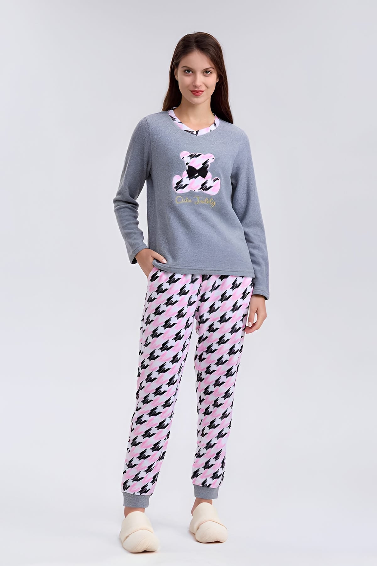 Pijama Mujer Polar Estampado Gris
