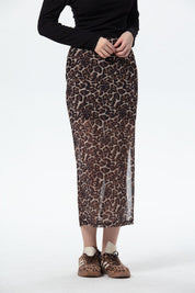 Falda Mujer Midi Leopardo Malla Café