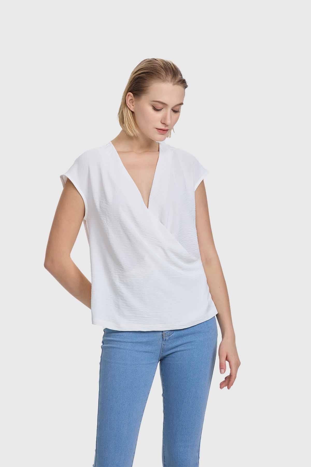 BLUSA MUJER MANGA CAÍDA ESCOTE CRUZ CRUDO