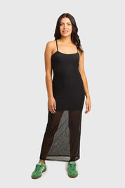 Vestido Mujer Drapeado Malla Negro