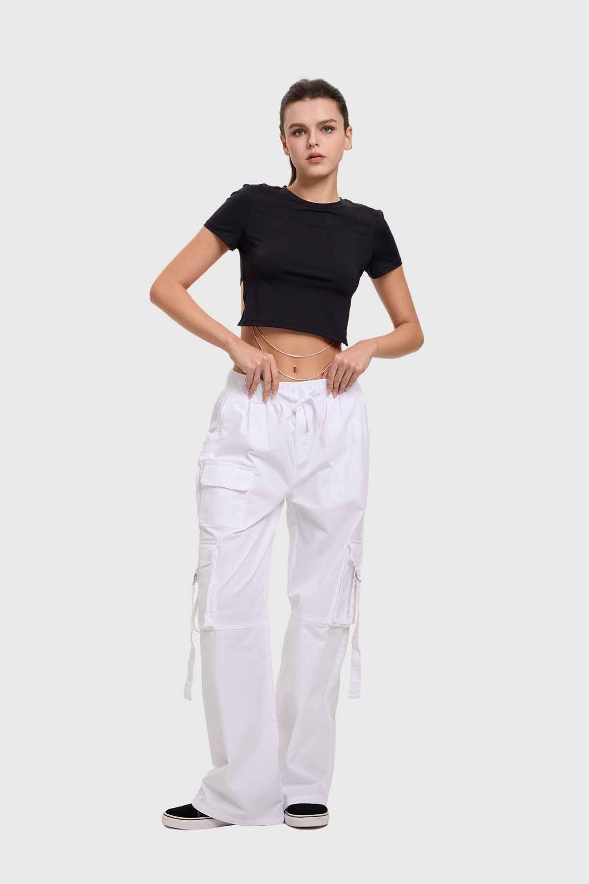 Pantalón Mujer Cargo Tiras Blanco