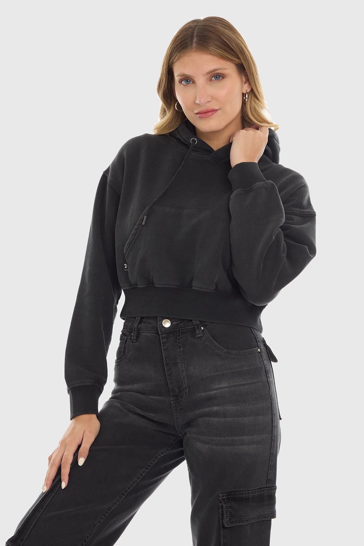 Polerón Mujer Crop Deslavado Negro