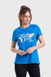 Polera mujer azul con diseño de Tom y Jerry, estilo casual y divertido.