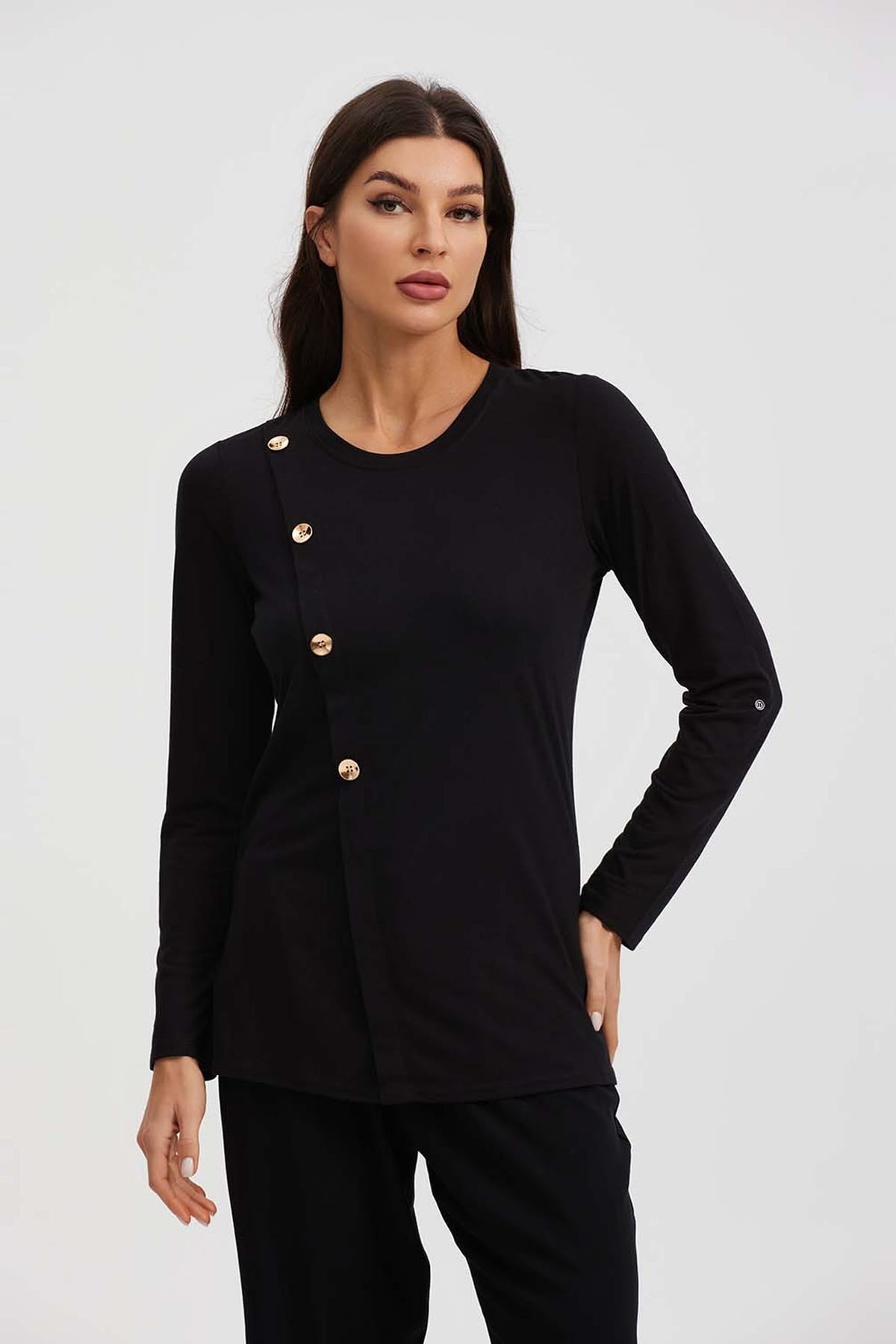 Polera Mujer Manga Larga Tipo Roll Up Negro