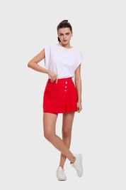 Short falda rojo mujer con botones frontales plateados y diseño liso casual ideal para el día a día