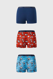 Boxer niño tripack Cuphead en colores rojo, azul y navy con estampados divertidos.