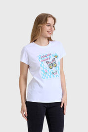 Polera Mujer Básica Print Blanco / Turquesa
