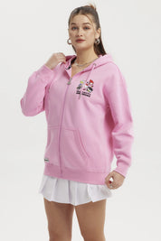 Polerón rosado con capucha mujer estampado Hello Kitty y amigos en el pecho estilo casual relajado