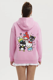 Polerón rosado con capucha mujer estampado Hello Kitty y amigos en el pecho estilo casual relajado