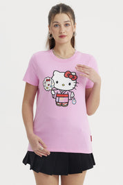 Polera rosa de mujer con Hello Kitty en kimono al frente centrado estilo caricatura