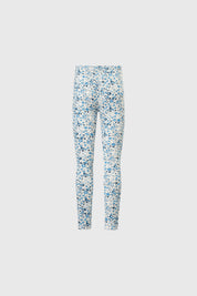 Bipack de calzas para niña en azul marino y diseño floral azul blanco calza lisa y estampada a la izquierda de tamaño completo