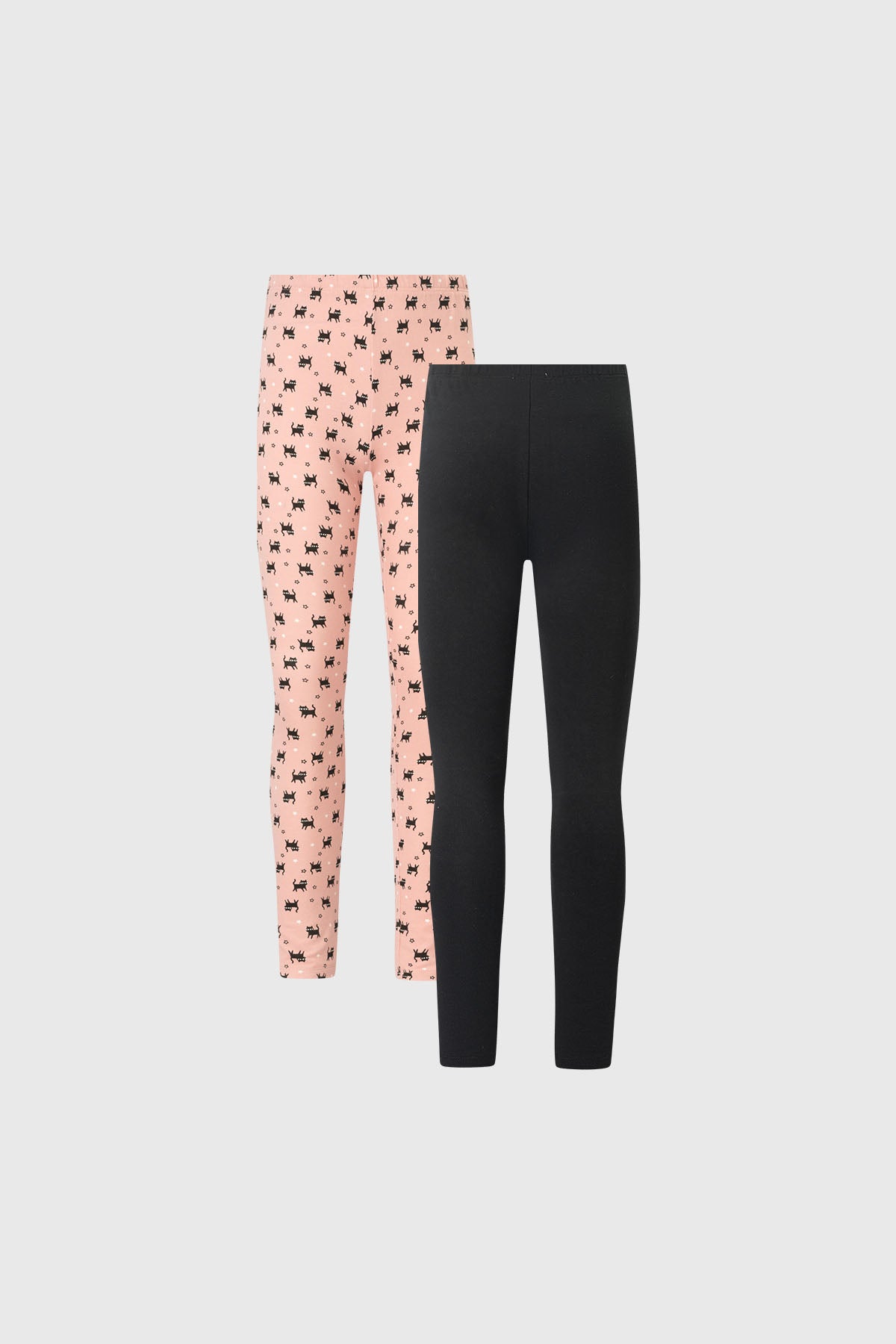 Bipack de calzas para niña en palo rosa una lisa negra y otra con estampado de gatitos negros pequeños estilo gráfico repetido