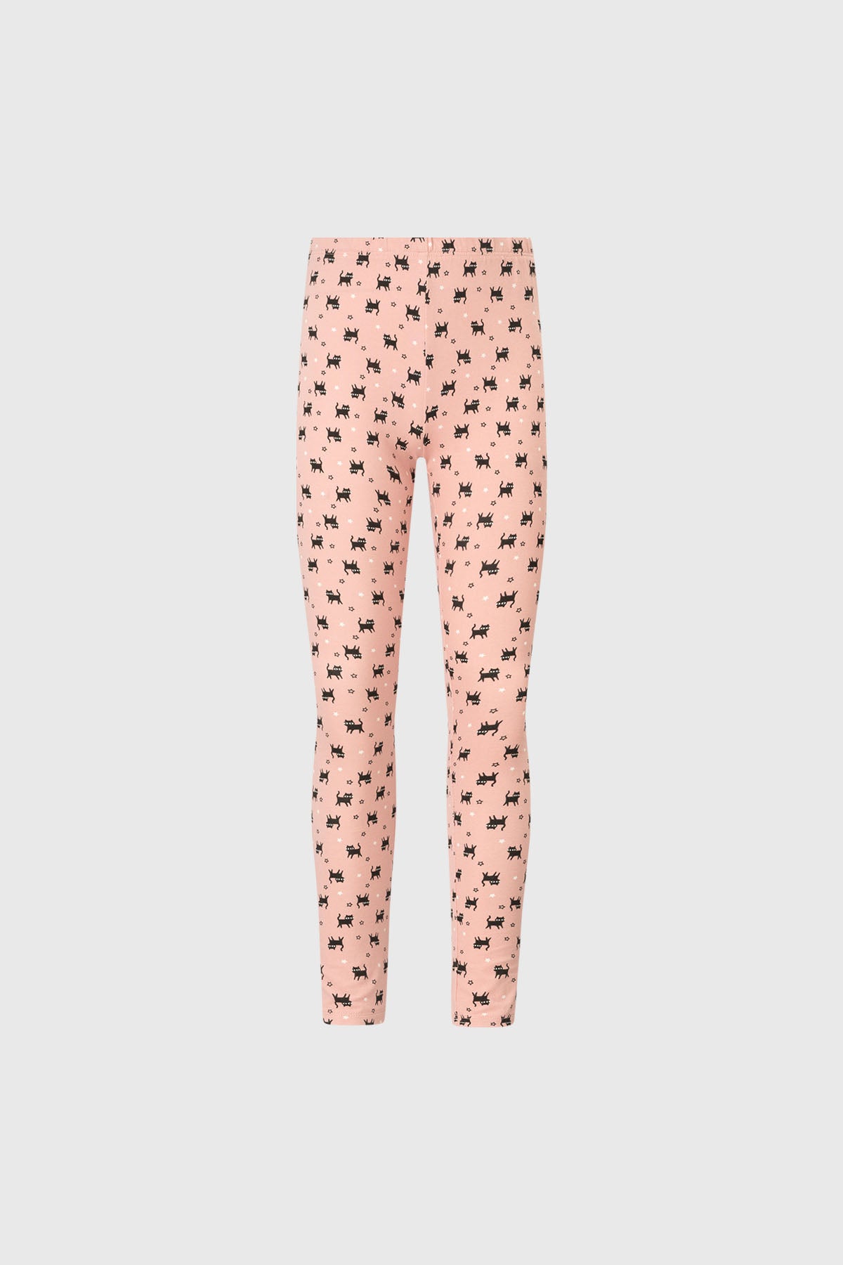 Bipack de calzas para niña en palo rosa una lisa negra y otra con estampado de gatitos negros pequeños estilo gráfico repetido