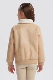 Chaqueta niña beige con cuello camisero y textura suave lisa ideal para días fríos