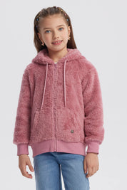 Polar rosado peludo para niña con capucha cierre al frente y bolsillos frontales diseño liso ideal para invierno