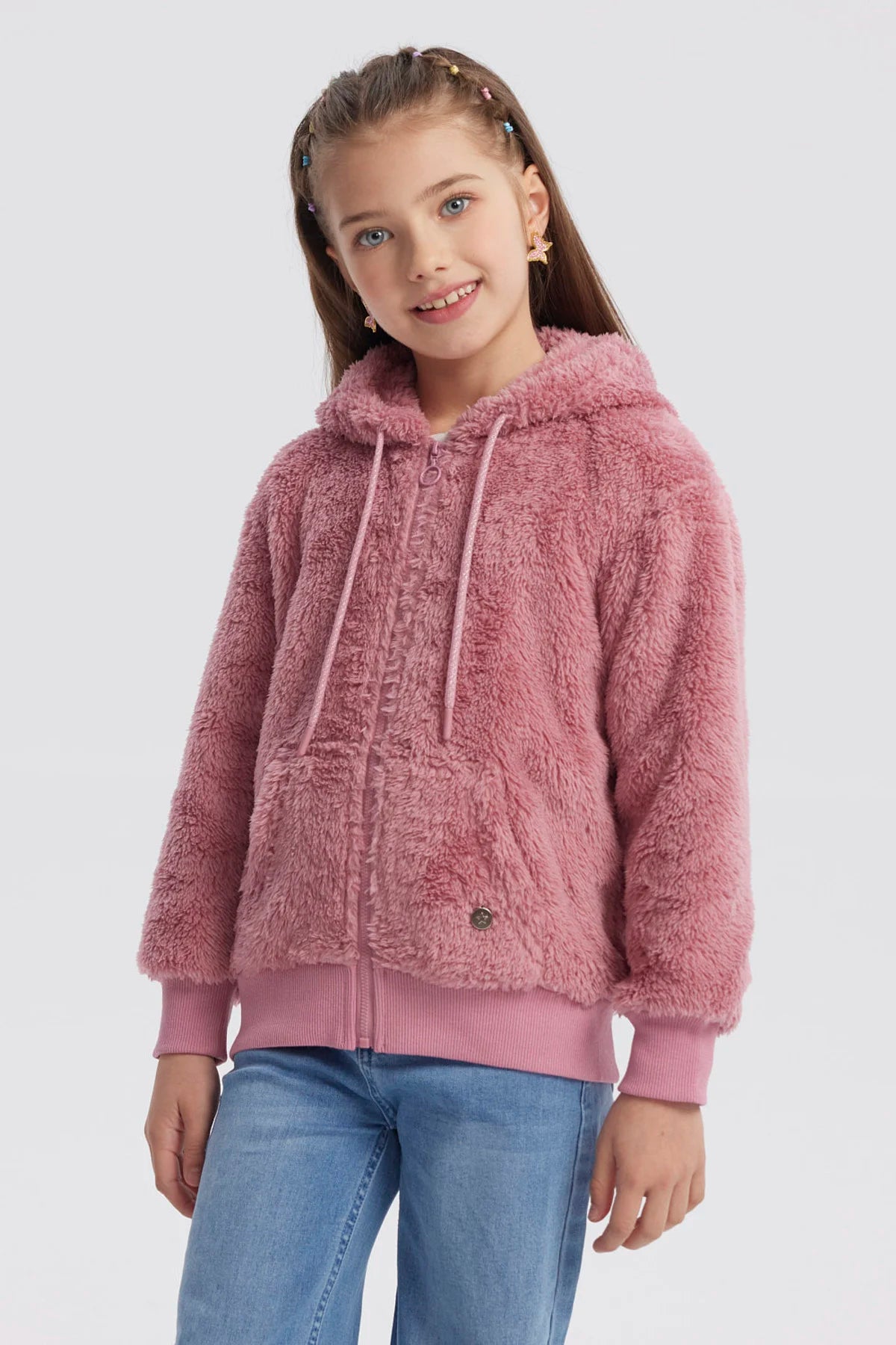 Polar niña peludo rosado con capucha y cierre delantero lisa cálida y cómoda ideal para días fríos