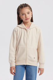 Polar beige para niña con cierre frontal y capucha diseño liso ideal para el frío detalles de bolsillos delanteros