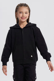 Polar negro para niña con capucha y bolsillos lisos sin estampa cierre frontal cómodo y cálido para el invierno