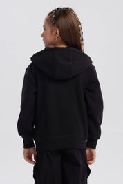 Polar negro para niña con capucha y bolsillos lisos sin estampa cierre frontal cómodo y cálido para el invierno