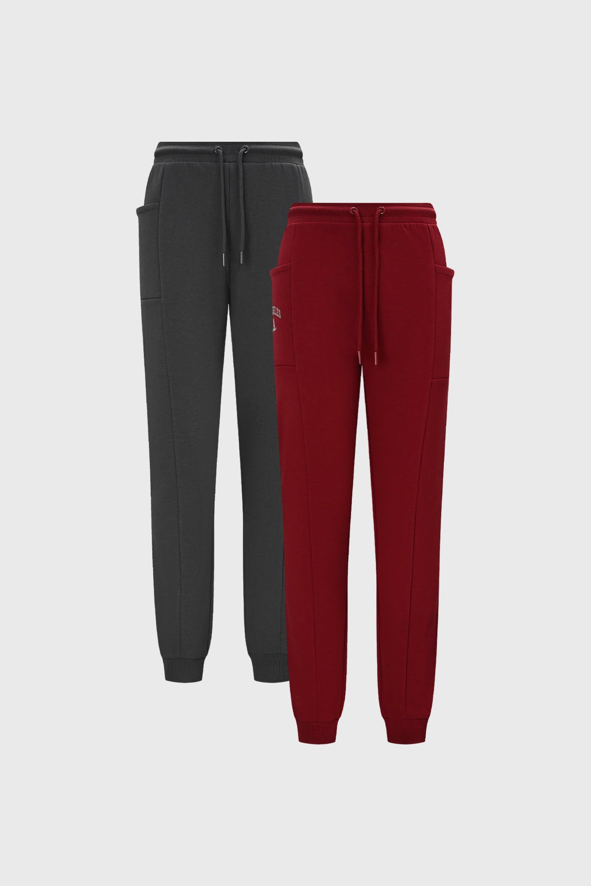 Buzo niña burdeo con ajuste en cintura bolsillos grandes y diseño liso acompañado de otro buzo gris oscuro similar