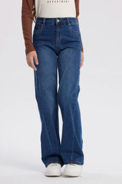 Jeans niña wide leg azul con diseño liso corte amplio sin estampa visible