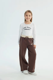 Pantalón Buzo Niña Wide Leg Café