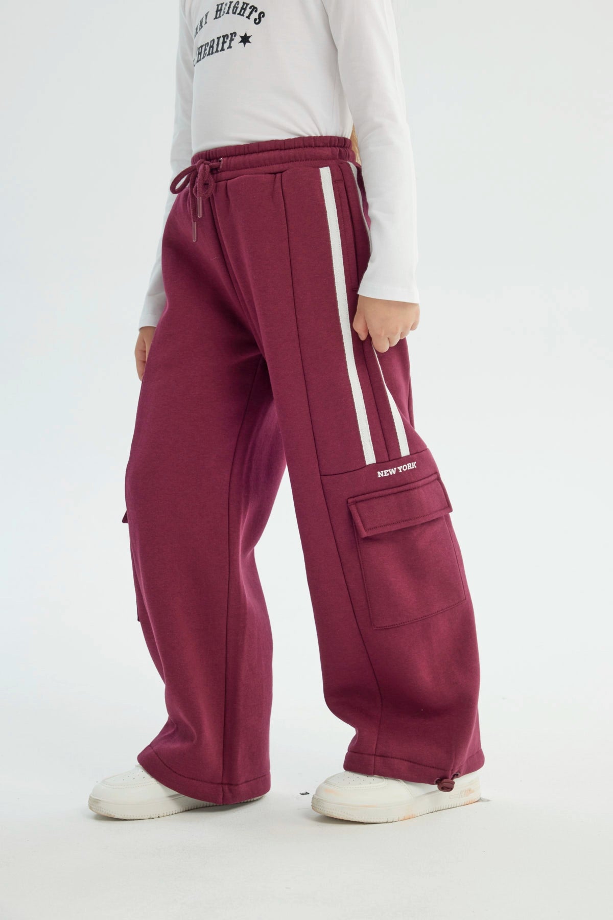 Pantalón Buzo Niña Wide Leg Burdeo