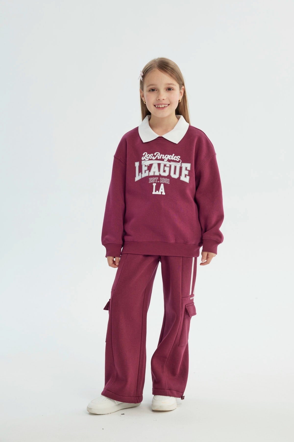 Polerón Niña Classic Cuello Camisero Burdeo