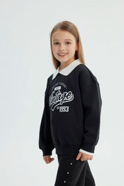 Polerón Niña Classic Cuello Camisero Negro