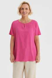 Blusa magenta de manga corta y escote con botón lisa sin estampado elegante y cómoda para el día a día