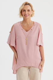 Blusa mujer palo rosa con cuello V y mangas abiertas sin estampa lisa y elegante para ocasiones casuales