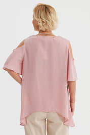 Blusa mujer palo rosa con cuello V y mangas abiertas sin estampa lisa y elegante para ocasiones casuales