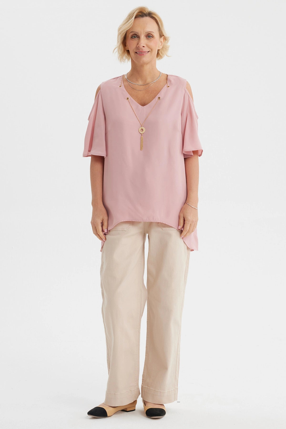 Blusa mujer palo rosa con cuello V y mangas abiertas sin estampa lisa y elegante para ocasiones casuales