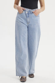 Jeans Mujer Recto Cintura Cruzada Azul Claro