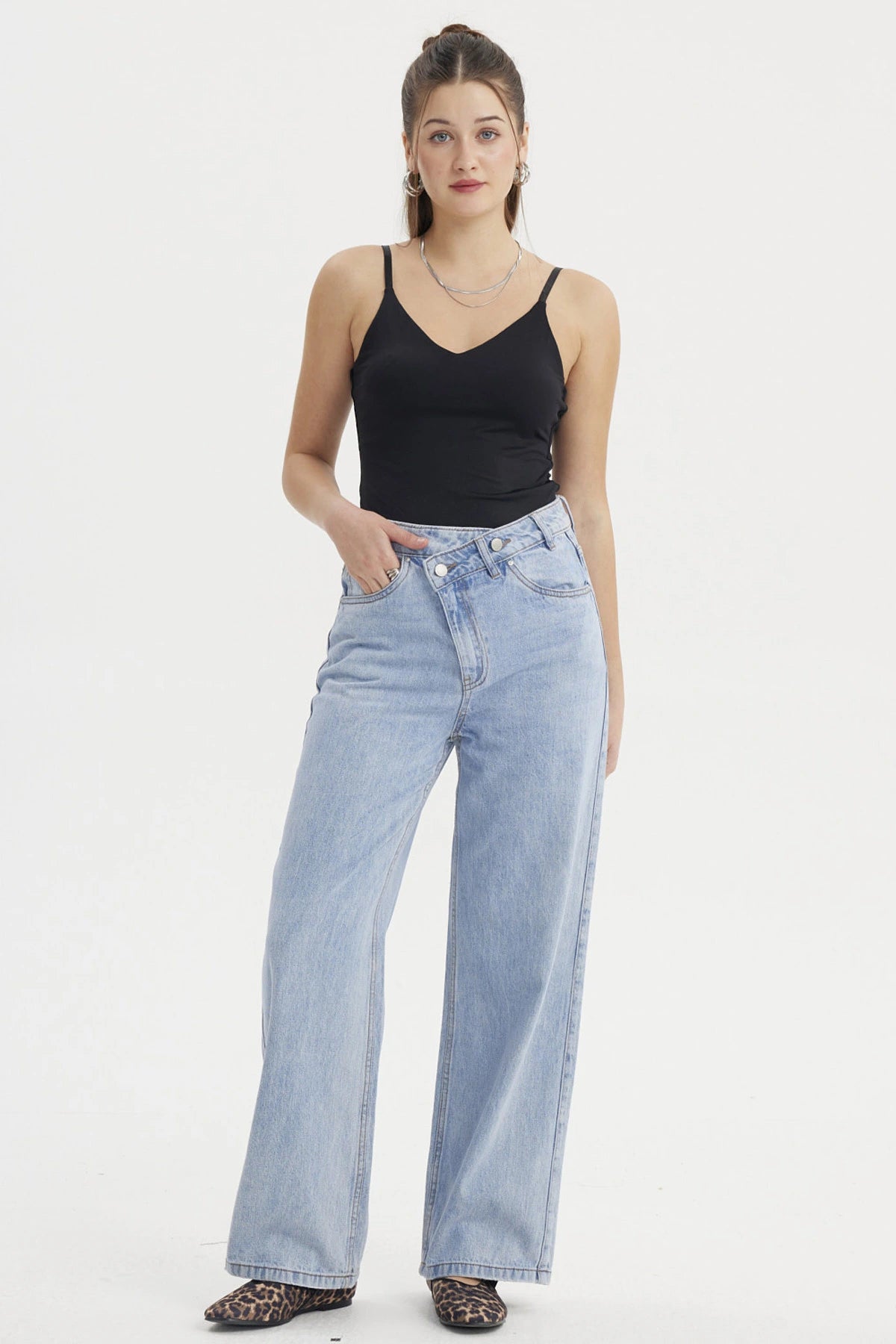 Jeans Mujer Recto Cintura Cruzada Azul Claro