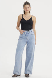 Jeans Mujer Recto Cintura Cruzada Azul Claro